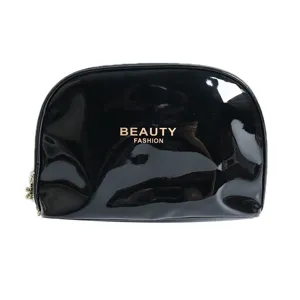 Glossy patent leather cosmetic bag for women, portable travel makeup storage pouch black.
