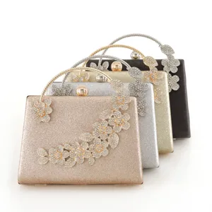 Sparkling rhinestone flower evening clutch bag, elegant metallic handle purse for women wedding.