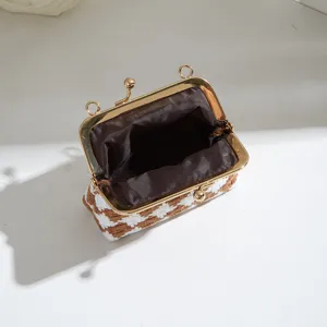 Καφέ λευκό pied de poule υφαντό πορτοφόλι σικ vintage mini χιαστί τσάντα ώμου