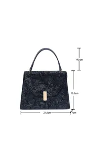 Black textured structured handbag detail view showing compact size, dimensions and gold clasp.