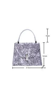 Silver velvet handbag detail showing precise dimensions like height, width and handle drop.