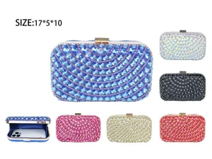 Sparkling rhinestone evening clutch bag with metal clasp and multiple color options.