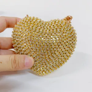 Gold rhinestone heart evening bag, sparkly crystal clutch purse for women wedding party.