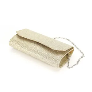 Gold glitter evening clutch bag detail, stylish metallic chain strap, elegant party accessory