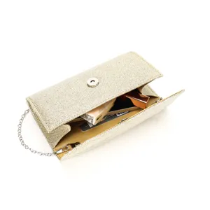 Gold glitter evening clutch bag for women, stylish crossbody handbag with chain strap for party.