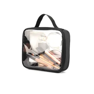 Grote transparante cosmetische tas met zwarte rand en handvat, waterdichte make-up opbergtas.