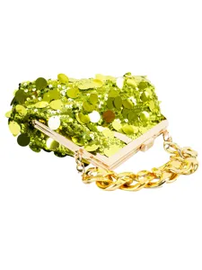 Green sequin evening clutch bag featuring gold metal frame and chunky chain strap detail.