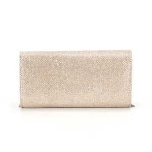 Gold glitter evening clutch bag detail view, stylish handmade party handbag accessory.