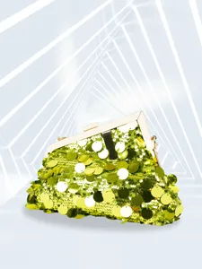 Green sequin evening clutch bag with metal frame for party and banquet events detail view.