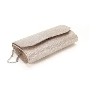 Glitter evening clutch bag detail, shimmering fabric texture and silver chain strap close-up.