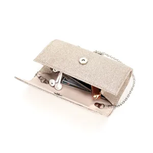 Detailed view of the sparkling glitter evening clutch bag, showing interior capacity.