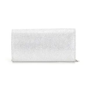 Silver glitter evening clutch bag detail shot, featuring sparkling fabric and compact shape.