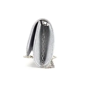 Silver glitter evening clutch bag side view, premium sparkle shoulder bag detail.