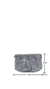 Detailed view of a sparkling silver rhinestone evening clutch bag with beaded design.