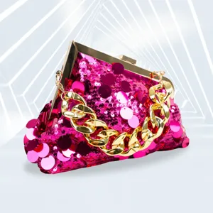 Pink sequined evening clutch bag with gold chain handle for women party dress purse