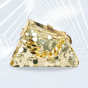 Gold Sequin Evening Clutch Bag Elegant Party Purse with Chunky Chain Handle For Women