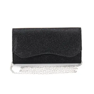 Detailed view of a black glitter evening clutch bag with a stylish silver chain strap.