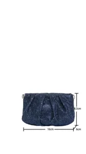 Dark blue sequined rhinestone evening clutch bag detail view, elegant party handbag.