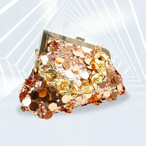 Elegant women's sequin evening clutch bag with gold chain strap for party and wedding events.
