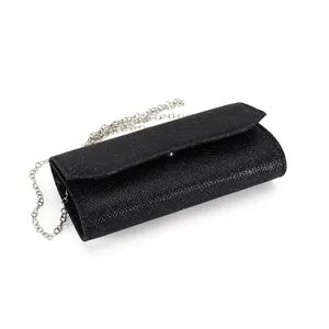 Detailed view of a black glitter evening clutch bag with a stylish silver chain strap.