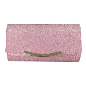Detailed view of the elegant pink glitter evening clutch bag with gold metal clasp decoration.