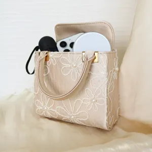 Champagne embroidered handbag women floral pearl purse elegant evening shoulder bag handle