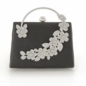 Women Rhinestone Evening Clutch Bag Elegant Polyester Glitter Handbag With Metal Handle Banquet Party Wedding Purse