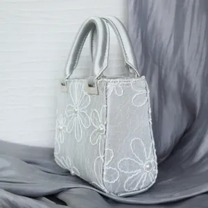 Silver embroidered evening handbag with pearl accents, elegant Chinese style tote bag for women.
