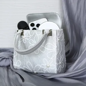 Silver embroidered evening handbag with pearl details and double handles for women elegant use