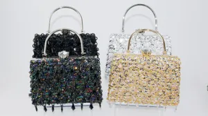 Beaded evening clutch bag detail showing sparkling sequins and metal handle design.