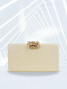 Gold glitter evening clutch bag with sparkling rhinestone clasp for party dresses