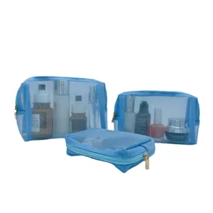 Ensemble de trousses de toilette en filet bleu, grand rangement portable pour voyage.