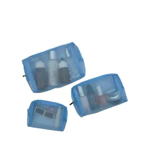 Sac de cosmetique en filet bleu portable ensemble de voyage avec trousse transparente.
