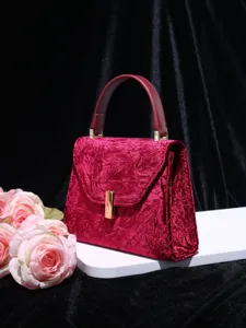 Wine red velvet women top handle bag elegant retro shoulder handbag with gold hardware clasp