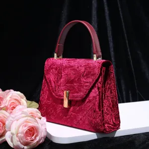 Burgundy velvet top handle handbag with gold lock chic structured fashion women shoulder bag