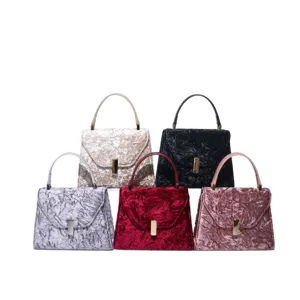 Women crushed velvet top handle handbag elegant shoulder bag with metal closure chic daily purse.