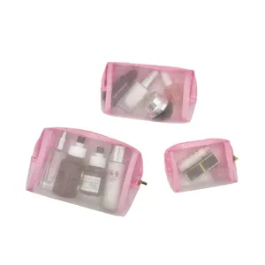 Set de trousse de maquillage en filet rose organiseur de voyage pochette de toilette zippée