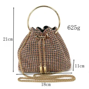 Rhinestone evening bucket bag with metal round handle and chain strap for women party.