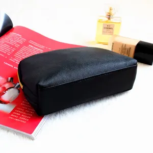 Black Saffiano Leather Cosmetic Pouch Zipper Makeup Bag Travel Toiletry Storage Organizer