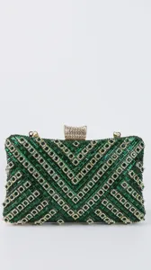 Green rhinestone crystal evening clutch bag geometric pattern formal party purse detail
