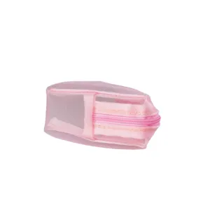 Trousse de maquillage en filet rose pochette de rangement de voyage portable pratique