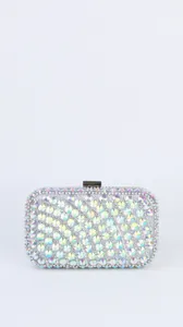 Close-up detail of a silver evening clutch handbag adorned with dazzling aurora borealis crystals.