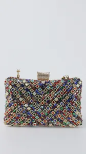 Stunning colorful rhinestone evening clutch bag with crystal clasp and gold hardware detail.