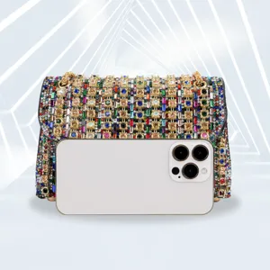 Luxurious rhinestone evening bag with chain strap, dazzling crystal crossbody flap purse.