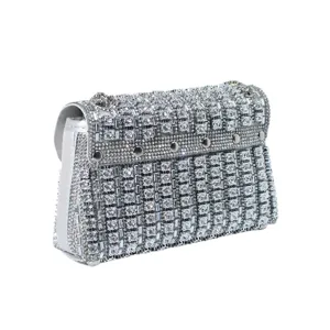 Silver rhinestone evening bag sparkling crystal clutch purse elegant wedding party shoulder handbag