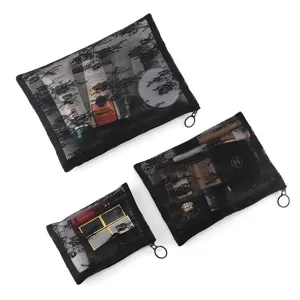 3-piece black mesh cosmetic bag set, transparent travel makeup storage pouch with zipper.