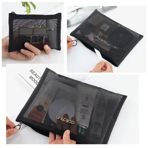 Black mesh cosmetic bag travel portable makeup organizer zipper pouch for women everyday use