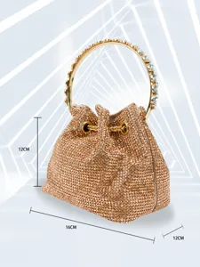 Rhinestone evening bag with metal ring handle, sparkling crystal bucket bag for women party.