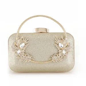 Women Glitter Evening Bag Rhinestone Feather Clutch Purse Metallic Round Handle Wedding Party Handbag