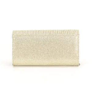 Elegante borsa da sera glitterata dorata da donna, pochette lucida per feste dettaglio.
